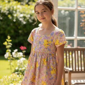 Pokemon Pikachu Girls Floral Dress Size 10/12 – Puff Sleeve, Pastel, Spring